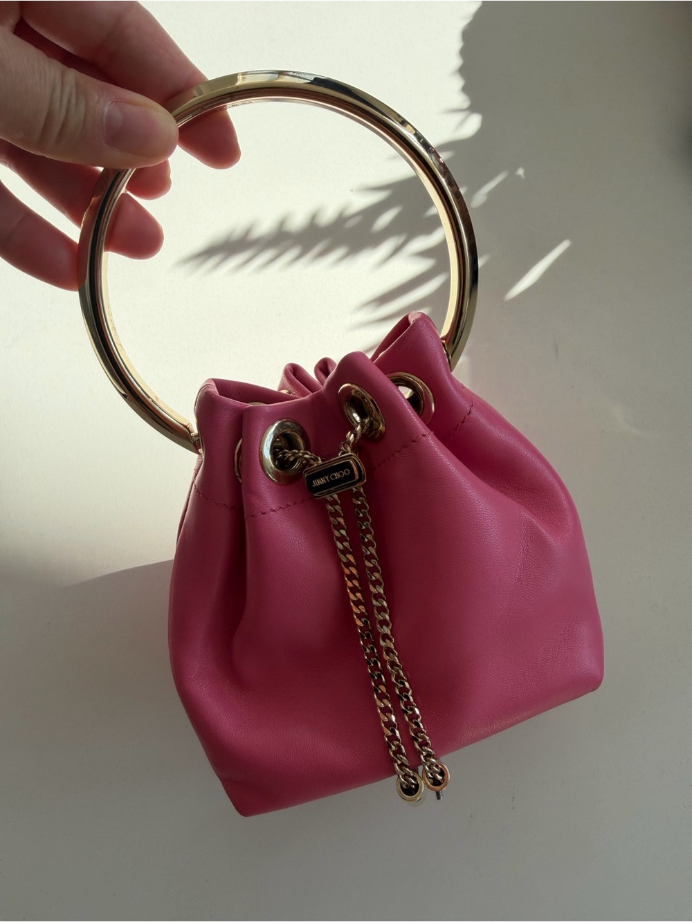 Jimmy Choo Pink Leather Mini Ring-Handle Drawstring Bag